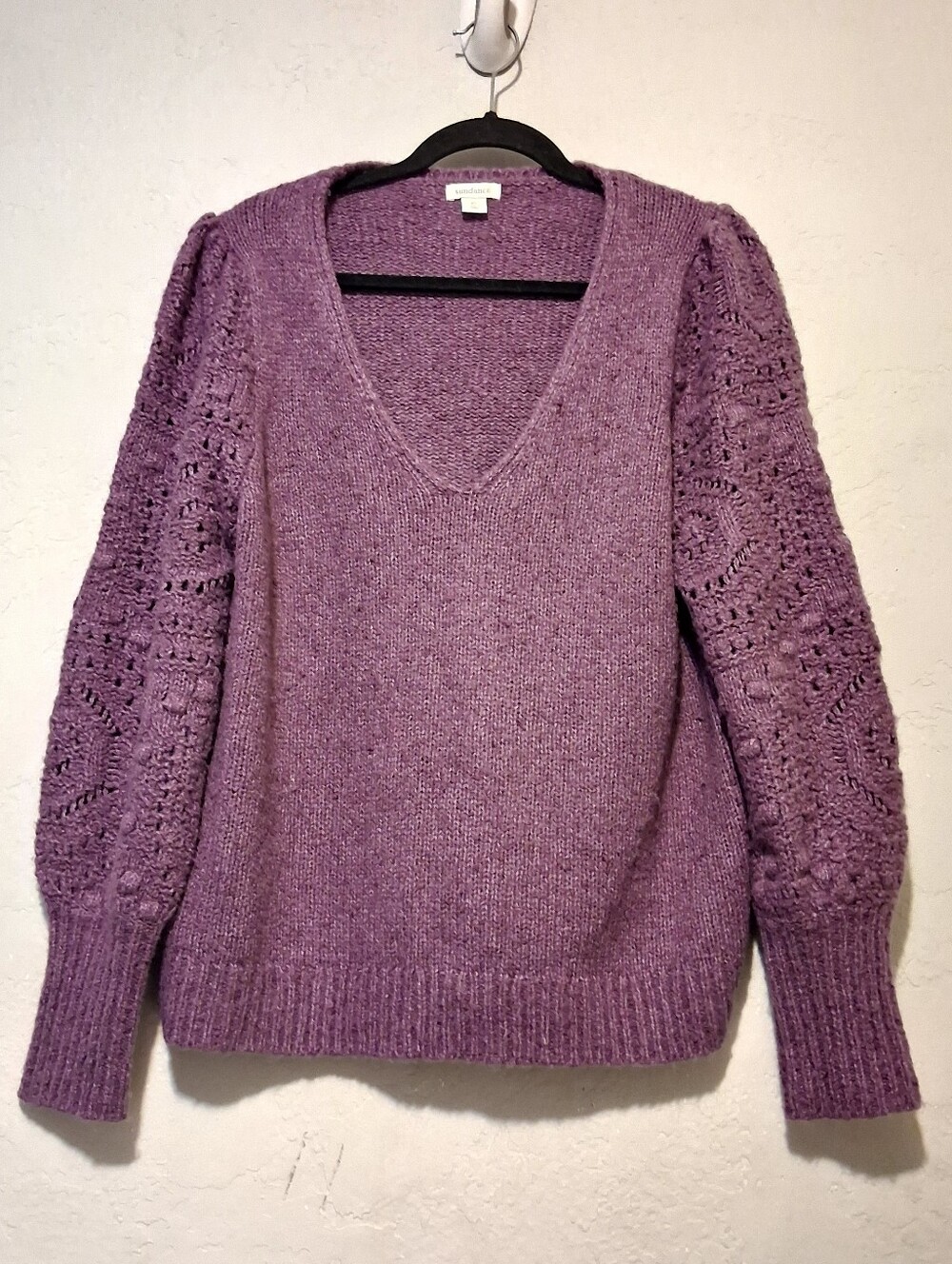 Sundance Yessica Sweater Open Knit Sleeve Women Purple XL Quiet Luxury Preppy - Picture 2 of 16